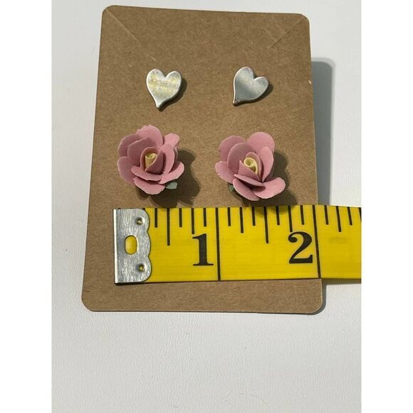 Vintage 90s Stud Earrings‎ Set Flower Heart Pink - Picture 3 of 8